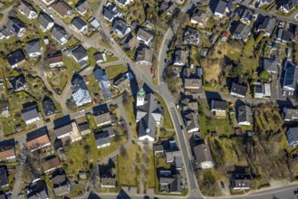 Aerial view, residential area and Roman Catholic parish church St. Kunibertus in the town centre,