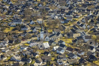 Aerial view, residential area and Roman Catholic parish church St. Kunibertus in the town centre,