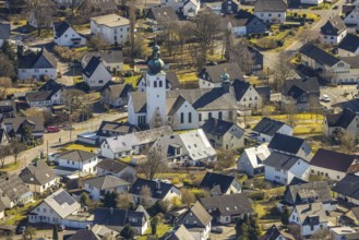 Aerial view, residential area and Roman Catholic parish church St. Kunibertus in the town centre,