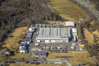 Aerial view, commercial area Hünsborn Süd-West Rheinauer Straße with WeberHaus GmbH Hünsborn,