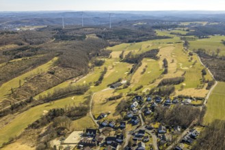 Aerial view, golf course Dörnscheid, Golfclub Siegen-Olpe, golf meadow and bunker with golf player,