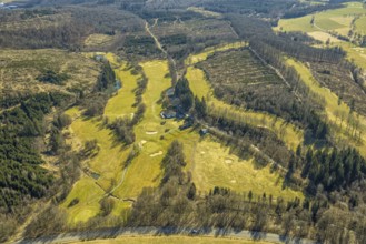 Aerial view, golf course Dörnscheid, Golfclub Siegen-Olpe, golf meadow and bunker with golf player,