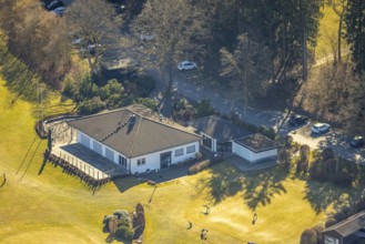 Aerial view, golf course Dörnscheid, Golfclub Siegen-Olpe, golf meadow and bunker with golf