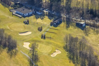 Aerial view, golf course Dörnscheid, Golfclub Siegen-Olpe, golf meadow and bunker with golf player,