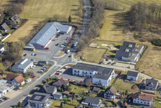 Aerial view, construction site and new building Kita GFO Kindergarten St. Anna Hünsborn, Über der