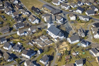 Aerial view, catholic church and catholic kindergarten St.Hubertus, Ottfingen, Wenden, Sauerland,
