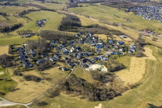 Aerial view, golf course Dörnscheid, Golfclub Siegen-Olpe, golf meadow and bunker with golf player,