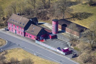 Aerial view, nudist club Schlaraffenland, pink-coloured red light district Wilhelmstal, state road