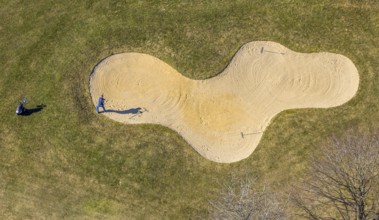 Aerial view, golf course Dörnscheid, Golfclub Siegen-Olpe, golf meadow and bunker with golf player,
