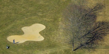 Aerial view, golf course Dörnscheid, Golfclub Siegen-Olpe, golf meadow and bunker with golf player,