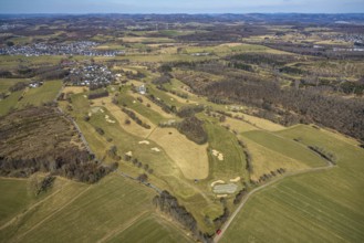 Aerial view, golf course Dörnscheid, Golfclub Siegen-Olpe, golf meadow and bunker with golf player,