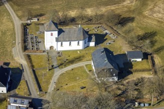 Aerial view, St. Mary's Catholic Church and cemetery, Römershagen, Wenden, Sauerland, North