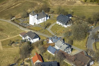 Aerial view, St. Mary's Catholic Church and cemetery, Römershagen, Wenden, Sauerland, North