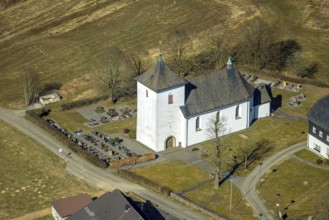 Aerial view, St. Mary's Catholic Church and cemetery, Römershagen, Wenden, Sauerland, North