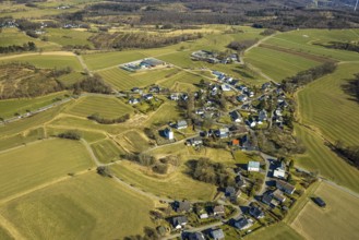 Aerial view, residential area local view Römershagen, surrounded by meadows and fields,