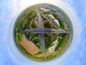 Aerial view, motorway junction Aachen, motorway A4 and motorway A44, globe, fisheye image, fisheye