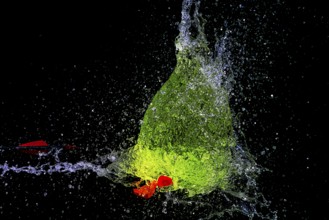 A green water balloon bursts and creates a dynamic water splash scene while an arrow penetrates it,
