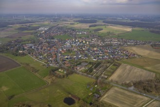 Aerial view, residential area local view district Dolberg, surrounded by meadows and fields, wind