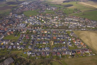 Aerial view, residential area local view district Dolberg, new REWE supermarket with solar roof,
