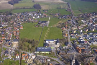Aerial view, meadow area and planned construction area between Hof Northoff and catholic