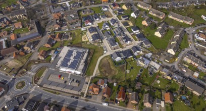 Aerial view, residential area local view district Dolberg, new REWE supermarket with solar roof,