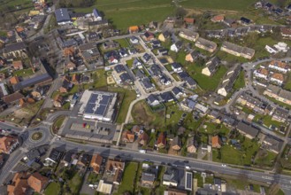 Aerial view, residential area local view district Dolberg, new REWE supermarket with solar roof,