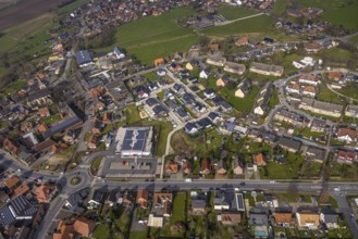 Aerial view, residential area local view district Dolberg, new REWE supermarket with solar roof,