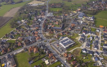 Aerial view, residential area local view district Dolberg, new REWE supermarket with solar roof,