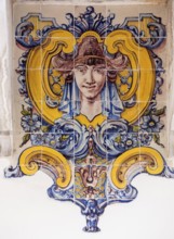Painted tiles with female heads in Art Nouveau style, Azulejos, Lisbon, Lisbon, Portugal