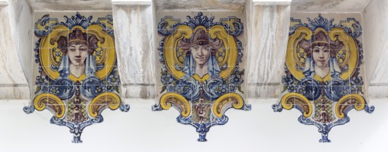 Painted tiles with female heads in Art Nouveau style, Azulejos, Lisbon, Lisbon, Portugal