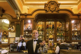 Waiter with wine bottles and glasses, waitress, Café Majestic, art nouveau cafe, tavern,
