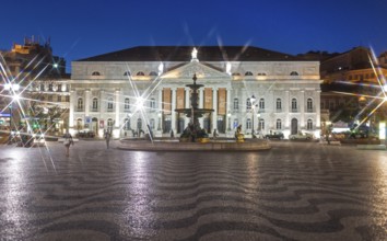 National Theatre D. Maria II, fountain, Praça do Rossio, paving stones in wave form, wave pattern,