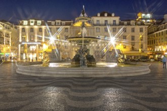 National Theatre D. Maria II, fountain, Praça do Rossio, paving stones in wave form, wave pattern,