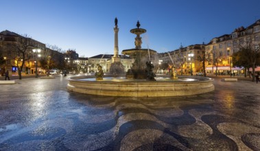 Fountain, Praça do Rossio, cobblestones in wave form, wave pattern, Lisbon, Lisbon, Portugal