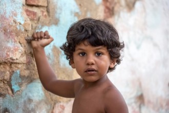 Little Cuban boy on the street in front of an old wall, Street scene in the old town of Trinidad,