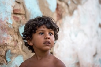 Little Cuban boy on the street in front of an old wall, Street scene in the old town of Trinidad,