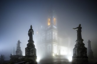 Bom Jesus do Monte, pilgrimage church of Braga in the evening fog, Braga, Braga district, Portugal,