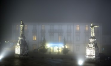Bom Jesus do Monte Hotel next to the pilgrimage church of Braga in the evening fog, Braga, Braga