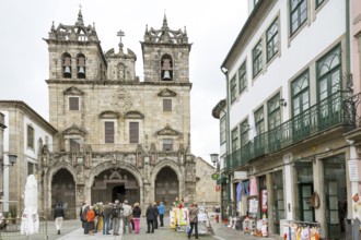 Facade of Braga Cathedral, Braga, Braga district, Portugal, Europe, aerial view, birds-eyes view,