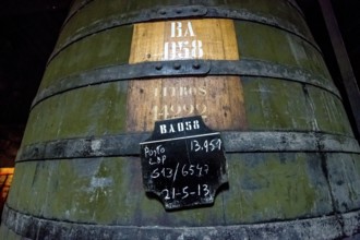 Port wine barrel, port wine barrels, wine cellar of the Sandemann winery in Gaia, Porto, Vila Nova