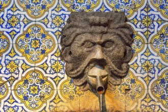 Fountain in the Sandemann cellar with historical tiles, gargoyles, azulejos, wine cellar of the