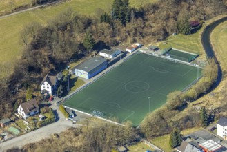 Aerial view, sports field football stadium Hachen, Hachen, Sundern, Sauerland, North