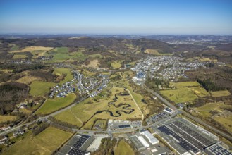 Aerial view, residential area local view and river Sorpe Flussmäander im Sorpetal Hachen, shapes