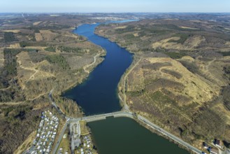 Aerial view, Sorpesee, forest area with forest damage, Amecke, Sundern, Sauerland, North