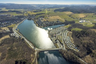 Aerial view, reservoir Amecke Sorpesee, campsite Amecker Damm, hilly landscape, Amecke, Sundern,