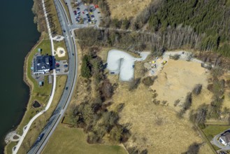 Aerial view, home harbour restaurant Grote Goldbäckerei, construction site former outdoor swimming