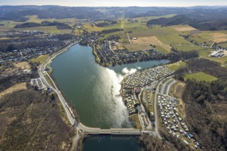 Aerial view, reservoir Amecke Sorpesee, campsite Amecker Damm, hilly landscape, Amecke, Sundern,