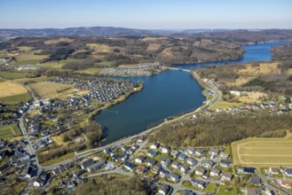 Aerial view, Sorpesee, reservoir Amecke and lake road dam, forest area with forest damage, Amecke,