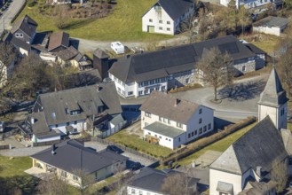 Aerial view, residential area local view with church St. Hubertus, shooting hall St. Hubertus,