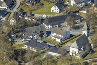 Aerial view, residential area local view with church St. Hubertus, shooting hall St. Hubertus,